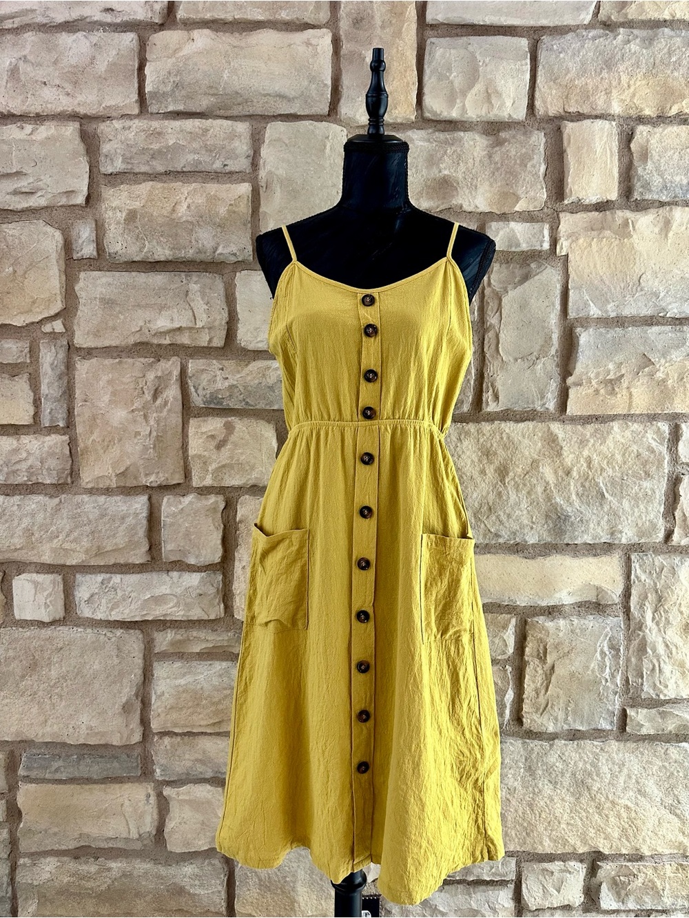 Mustard Spaghetti-Strap Button-Front Midi Dress